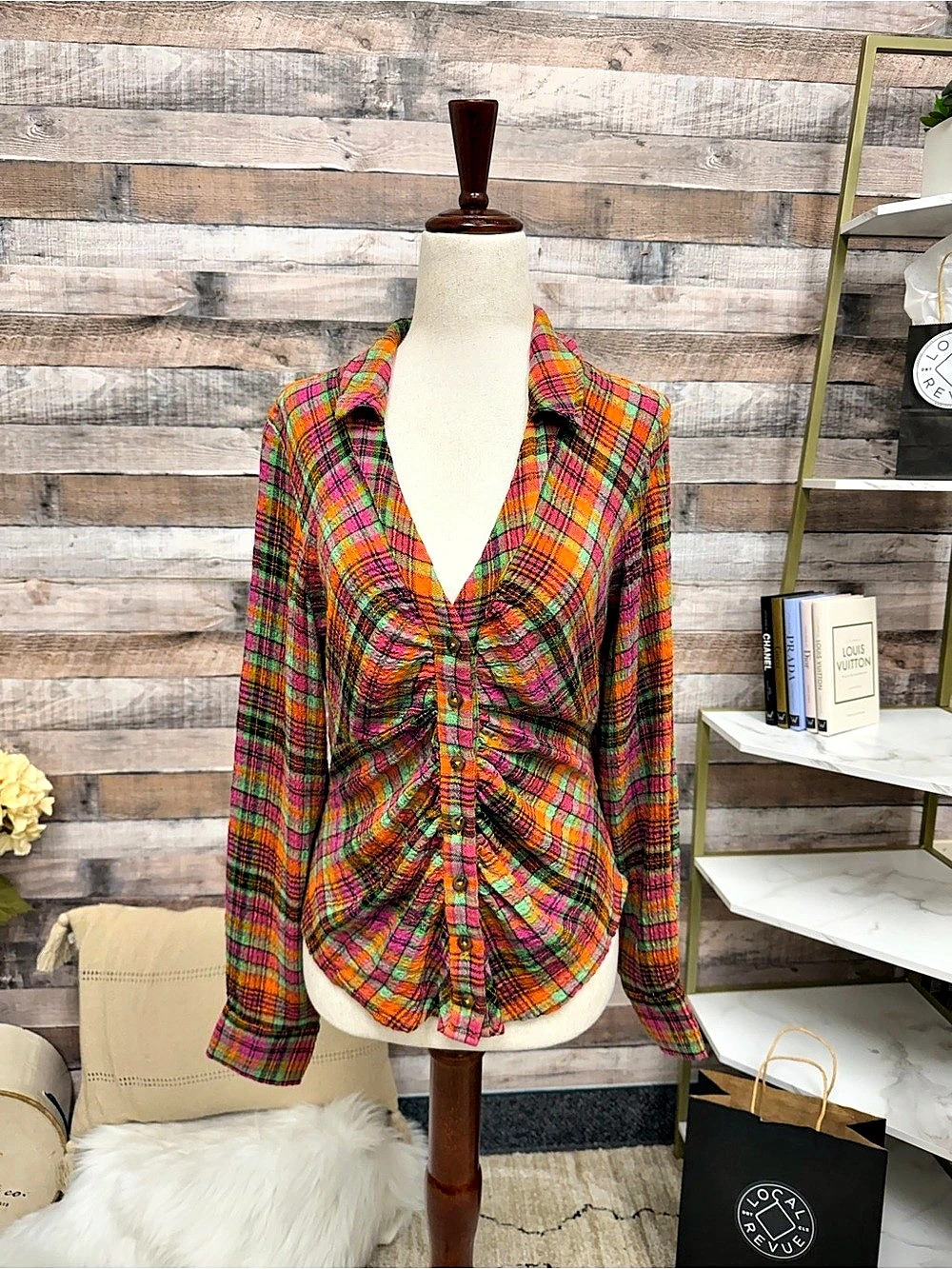 Pilcro Bright Multi Color Ruched Deep V Neck Button Down Shirt